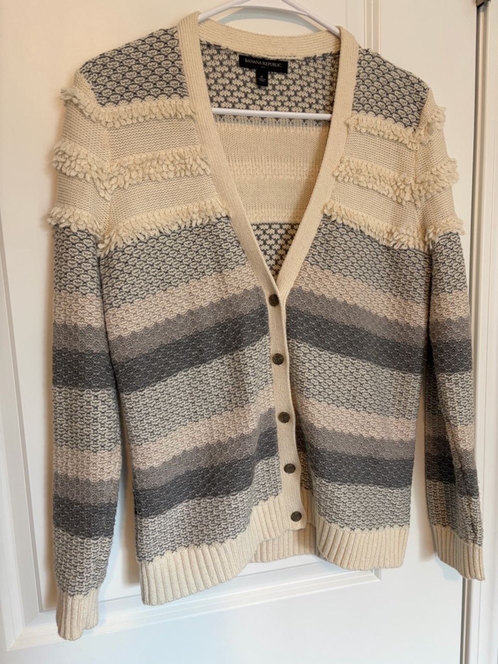 Banana Republic Women's Cream & Gray Striped Cardigan Sweater
